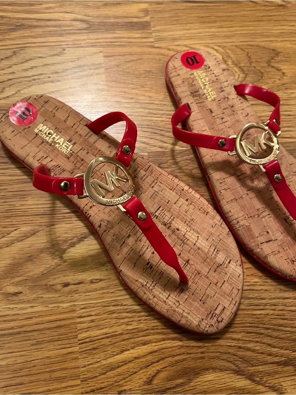 Michael Kors Red Logo Charm Jelly T-Strap Cork Sandals/Flip Flops.